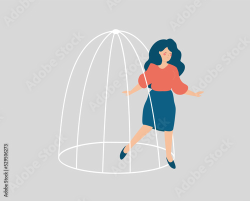 Woman escaping from a cage. Female steps out of prison. Girl getting out of a tight space. Concept of freedom, mental health disorders, rehabilitation, taking new opportunities and challenges.