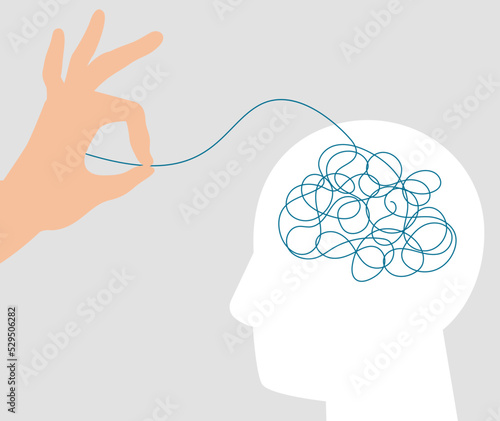 Character with tangled negative thoughts gets support from a therapist. Person has stress and depression get a help from psychologist. Mental health disorders and psychological problems concept.

