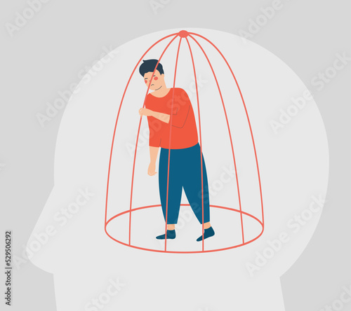 Sad man needs help inside a closed cage. Influence of drug addiction on self confidence and mental health. Concept of restrictions on human rights, freedom of speech in society. Vector illustration