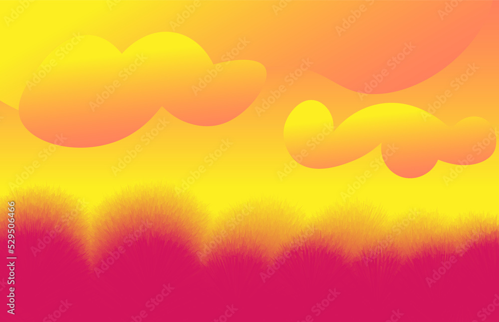 stylized landscape with grass and clouds in red and yellow tones on a gradient background
