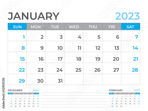 January 2023 page, Calendar 2023 template, Desk calendar 2023 year, planner design, Wall calendar, week starts on sunday, stationery design, Desk office, organizer office, vector eps10