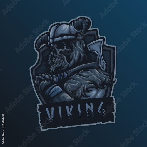 Viking Skeleton Helmet and Armor Barbarian Odin Ancient Knight Gladiator Warrior with Axe Weapon Esport Mascot Vector Logo Illustration