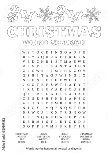 Christmas word search puzzle and caloring page. Logic game for learning English words. Holiday festive crossword. Printable activity sheet. Vector illustration. Worksheet about winter.