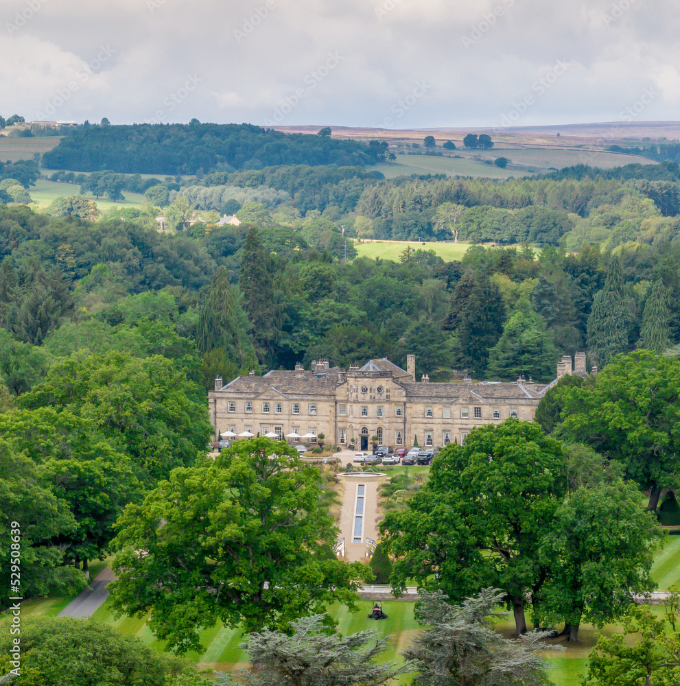 Stately home in North Yorkshire. Aerial view of historic building near Ripon and Harrogate