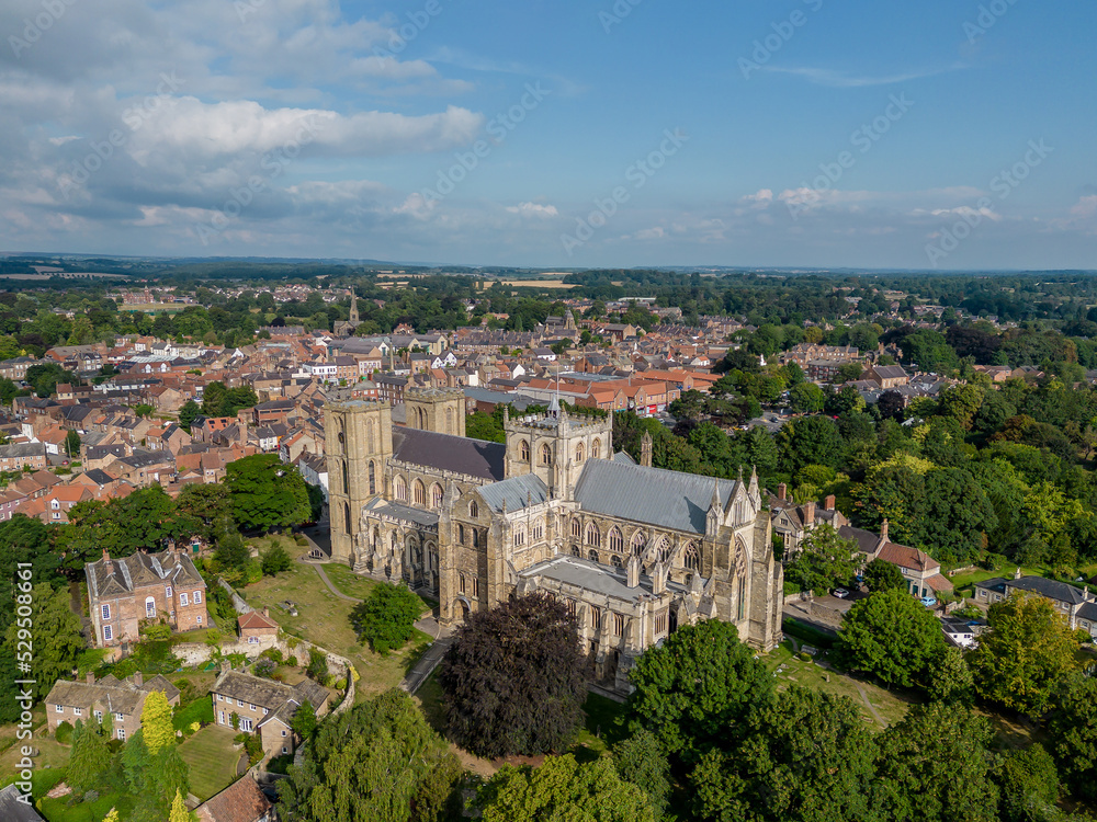 Ripon Cathedral North Yorkshire place of worship church and wedding venue. Drone aerial view of Ripon town centre and cathedral. Yorkshire England, United Kingdom 