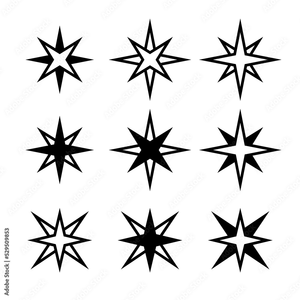 Collection of abstract star icons. Symbol of romance, sky and space. An attribute of astronomy, a symbol of magic. Isolated vector illustration on white background. Collection of abstract star icons. Symbol of romance, sky and space. An attribute of astronomy, a symbol of magic. Isolated vector illustration on white background.