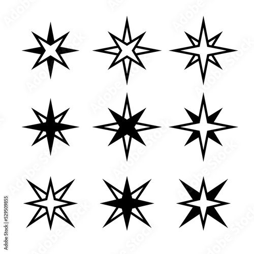 Collection of abstract star icons. Symbol of romance  sky and space. An attribute of astronomy  a symbol of magic. Isolated raster illustration on white background.