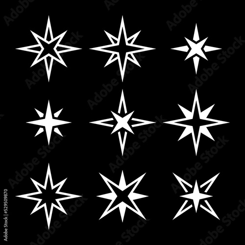Collection of abstract star icons. Symbol of romance, sky and space. An attribute of astronomy, a symbol of magic. Isolated vector illustration on black background.