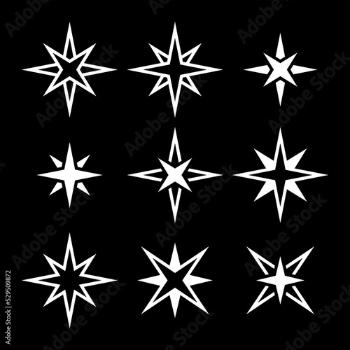 Collection of abstract star icons. Symbol of romance  sky and space. An attribute of astronomy  a symbol of magic. Isolated raster illustration on black background.