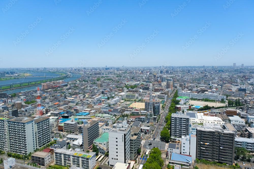 東京都江戸川区 タワーホール船堀展望室から見る北側の街並みと荒川