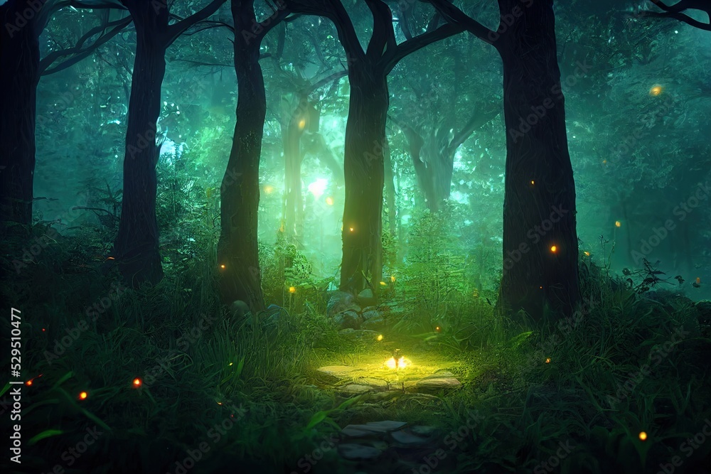 Fantasy magic portal. Portal in the elven forest to another world. Digital  art. Illustration. Painting. Hyper-realistic. 3D illustration. Stock  Illustration
