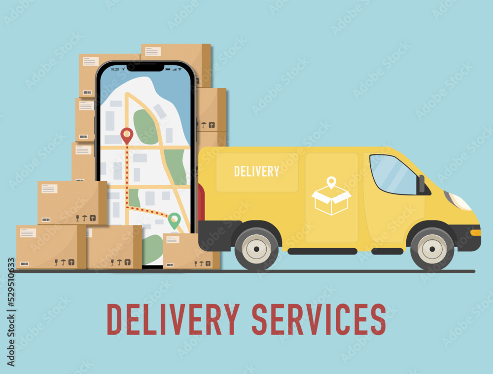 truck with boxes, Express delivery services and logistics. Truck with