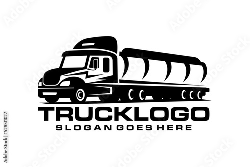 Tanker truck logo vector in emblem style, Fuel tank truck industrial vehicle heavy equipment silhouette illustration