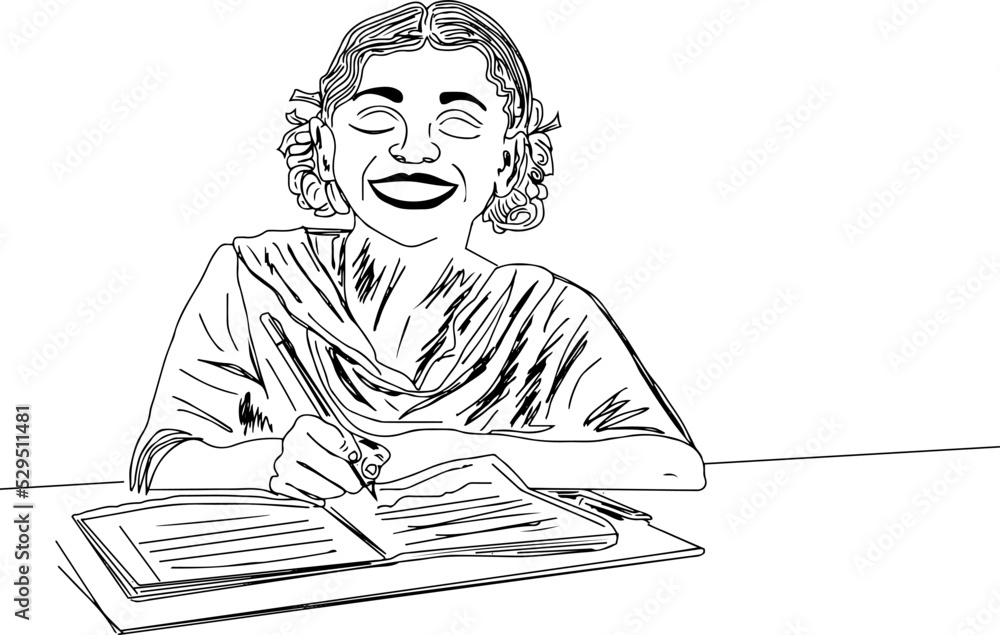 Indian Village school girl student line art vector, Outline sketch drawing indian school girl holding pencil, Cartoon doodle drawing of girl student of India Indian Village school girl student line art vector, Outline sketch drawing indian school girl holding pencil, Cartoon doodle drawing of girl student of India