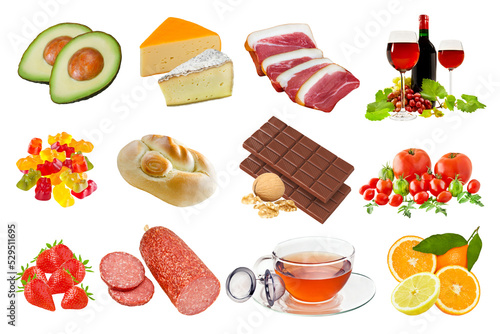 Collage and various foods with Histamine isolated on white background photo