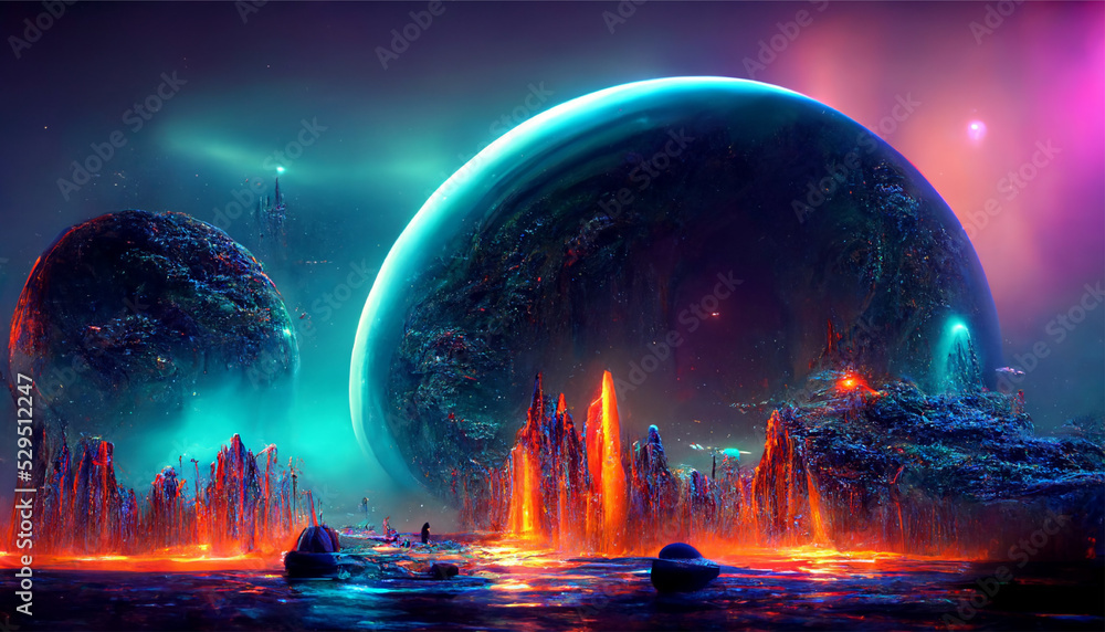 Futuristic fantasy landscape sci-fi landscape with planet Neon space galaxy portal