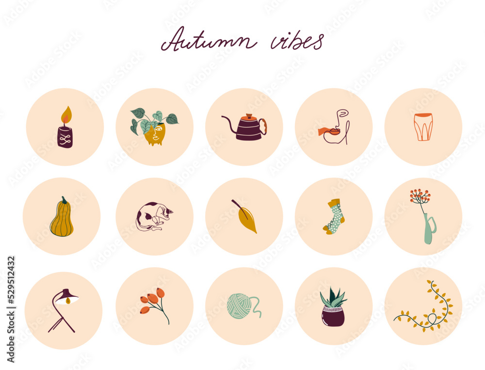 Hygge highlights covers for social media. Set of cute elements in doodle style. Hand drawn icons with cozy Autumn elements. Stickers, weekly planner. Vector illustration.
