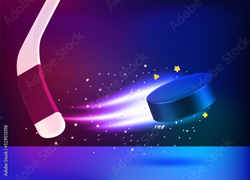 Photography Neon glowing flying hockey puck with the stick