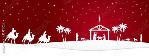 Red and white Christmas Nativity scene banner background. Vector illustration.