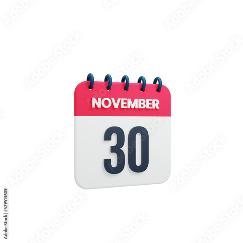 November Realistic Calendar Icon 3D Rendered Date November 30