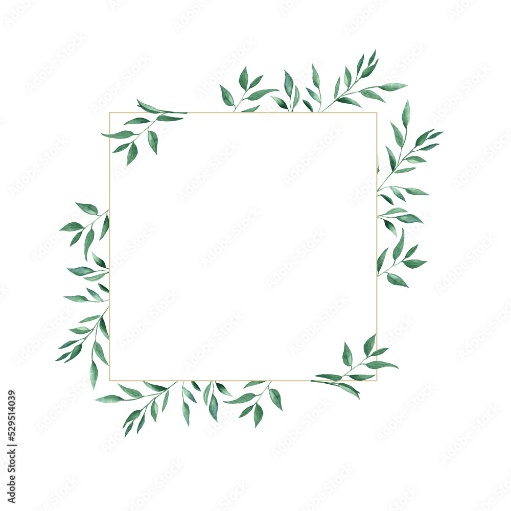 Rustic foliage watercolor golden square frame. Green pistachio branches. Hand drawn botanical illustration isolated on white background. Perfect for stationery, invitations, save the date, wedding
