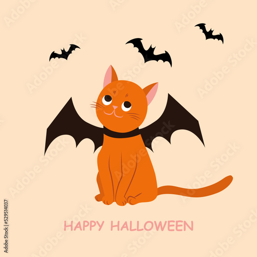 Halloween cat vector illustration, kitty portrait wears black bat wing with small bats on background for card design