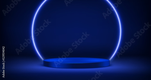 Illuminated stage with blue neon lighting. Vector 3d illustration