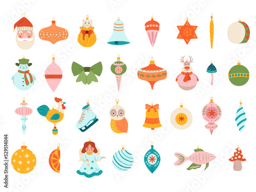Big collection of vintage Christmas balls bells icicles decorations and ornaments for Christmas tree and home. Isolated vector icons flat illustration