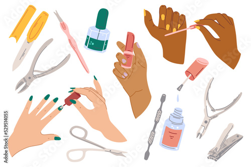 Female manicured hands and equipments for nail studio or spa salon. Lady painting, polishing nails. Vector Illustration of elegant female hands in a trendy minimalist style. Beauty routine