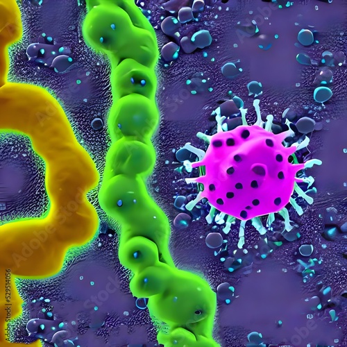 Virus, bacteria, fungi medical 3D background. Omicron, rhinovirus, HPV infection, HIV, adenovirus, influenza illness virus cells, antibody, bacteriophage photo