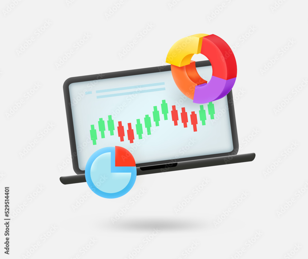 Online trading concept with laptop and color charts. 3d vector isolated illustration Online trading concept with laptop and color charts. 3d vector isolated illustration