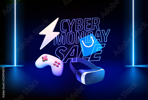 Cyber monday sale banner with accessories and neon inscription. 3d vector illustration

