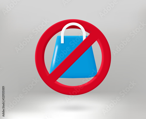 Stop shopping concept with shopping bag icon. 3d vector illustration