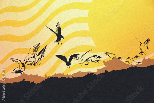 Ilustracja stado mew na tle dużego słońca latające na ziemią orną.