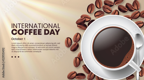 International coffee day background with a cup of coffee and coffee beans