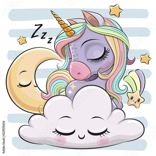 Cartoon Unicorn is sleeping a on the Cloud