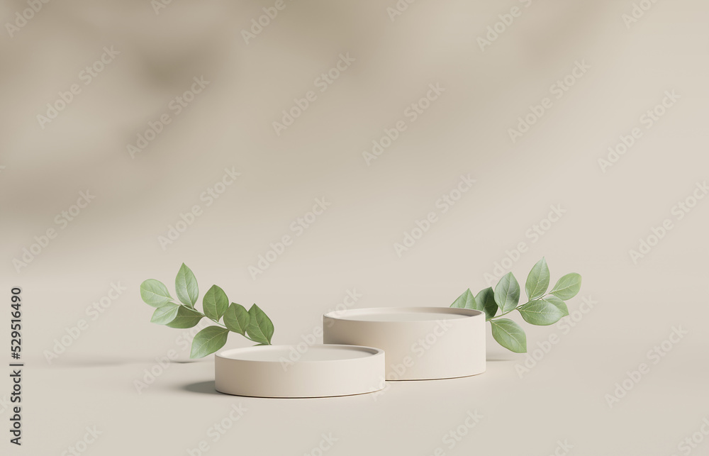 Fototapeta 3D display podium. Pastel beige background with pedestal nude color stand and tree branch shadow . Nature green leaf. Beauty, cosmetic product mockup. Minimal 3d render. Bright studio advertisement