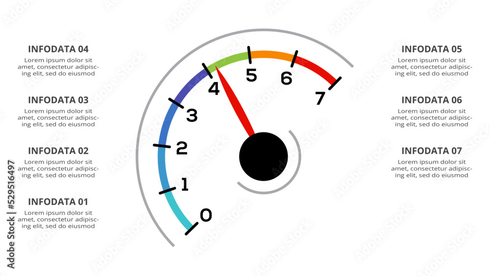 Speedometer infographic with 7 elements template for web, business, presentations, vector illustration. Business data visualization. Speedometer infographic with 7 elements template for web, business, presentations, vector illustration. Business data visualization.
