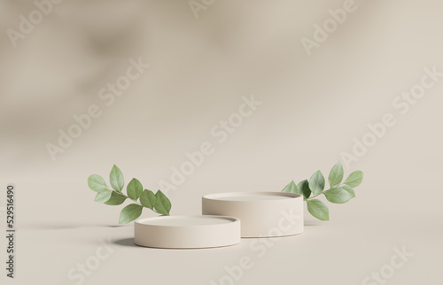 Fototapeta 3D display podium. Pastel beige background with pedestal nude color stand and tree branch shadow . Nature green leaf. Beauty, cosmetic product mockup. Minimal 3d render. Bright studio advertisement