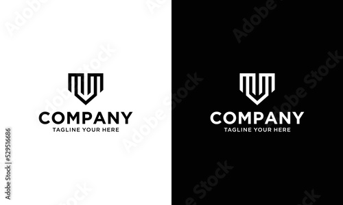 Letter M monogram logo, overlapping thin line black and white design elements, on a black and white background.