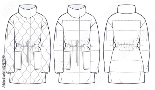 Unisex quilted padded Jacket technical fashion Illustration.  Oversize Down Coat technical drawing template, long sleeve, pockets, belted, front and back view, white, women, men, unisex CAD mockup.