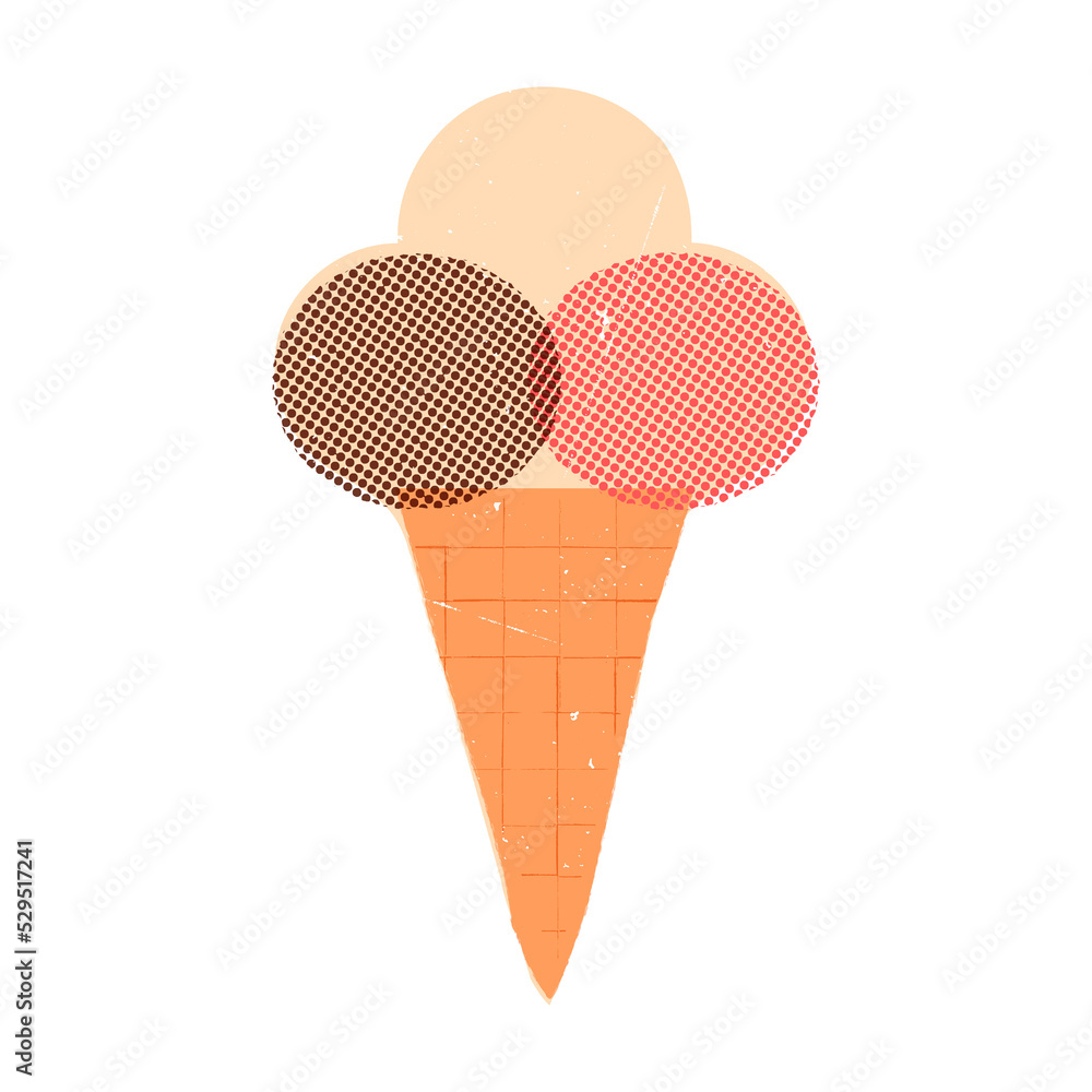 Retro-style ice cream in a waffle cone with 3 various taste scoops, chocolate, vanilla, and strawberry. Textured mid-century illustration of a refreshing summer dessert, sweet snack. Retro-style ice cream in a waffle cone with 3 various taste scoops, chocolate, vanilla, and strawberry. Textured mid-century illustration of a refreshing summer dessert, sweet snack.