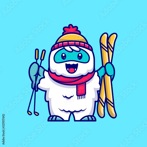 Cute Yeti Playing Ski Cartoon Vector Icon Illustration. Animal 
Sport Icon Concept Isolated Premium Vector. Flat Cartoon 
Style