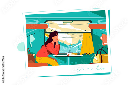 Girl traveling by train watch through window