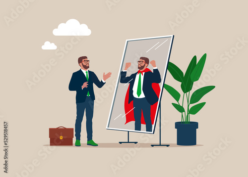 Businessman looking at his strong ideal self superhero reflection mirror. Self confidence, positive attitude to success, determination to achieve goals. Vector illustration.