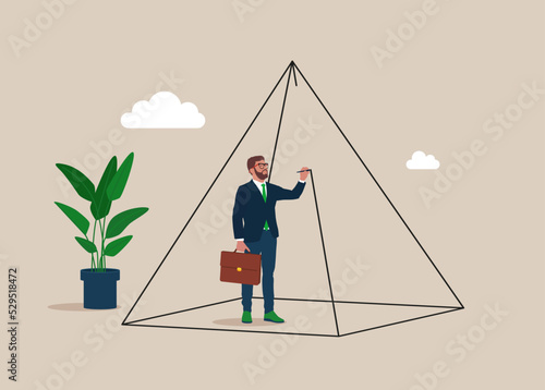 Businessman drawing pyramid around himself creating limits and borders. Set privacy zone, personal barrier to focus or work boundary, space to be with yourself.