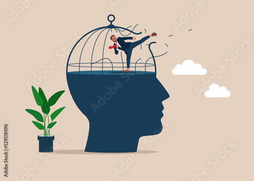 Businessman breaking out the cage on Big head human, think growth mindset concept. Vector illustration.