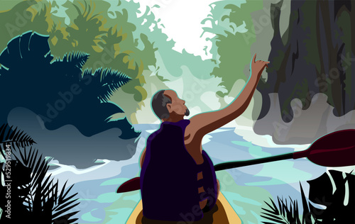 Elderly man swim down the river on kayak looks around