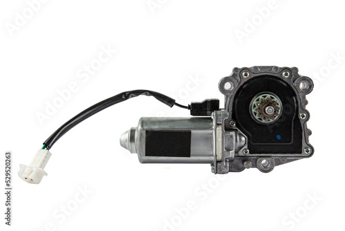 Motor, door window. Electric window mechanism motor for a car on a white isolated background. Automotive spare parts catalog.