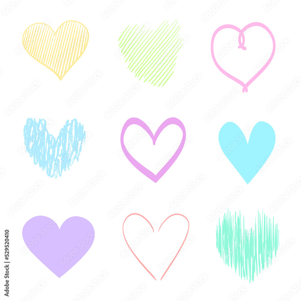 Colorful hearts on isolated white background. Hand drawn set of love signs. Unique abstract image for design. Line art creation. Colored illustration. Elements for poster or flyer